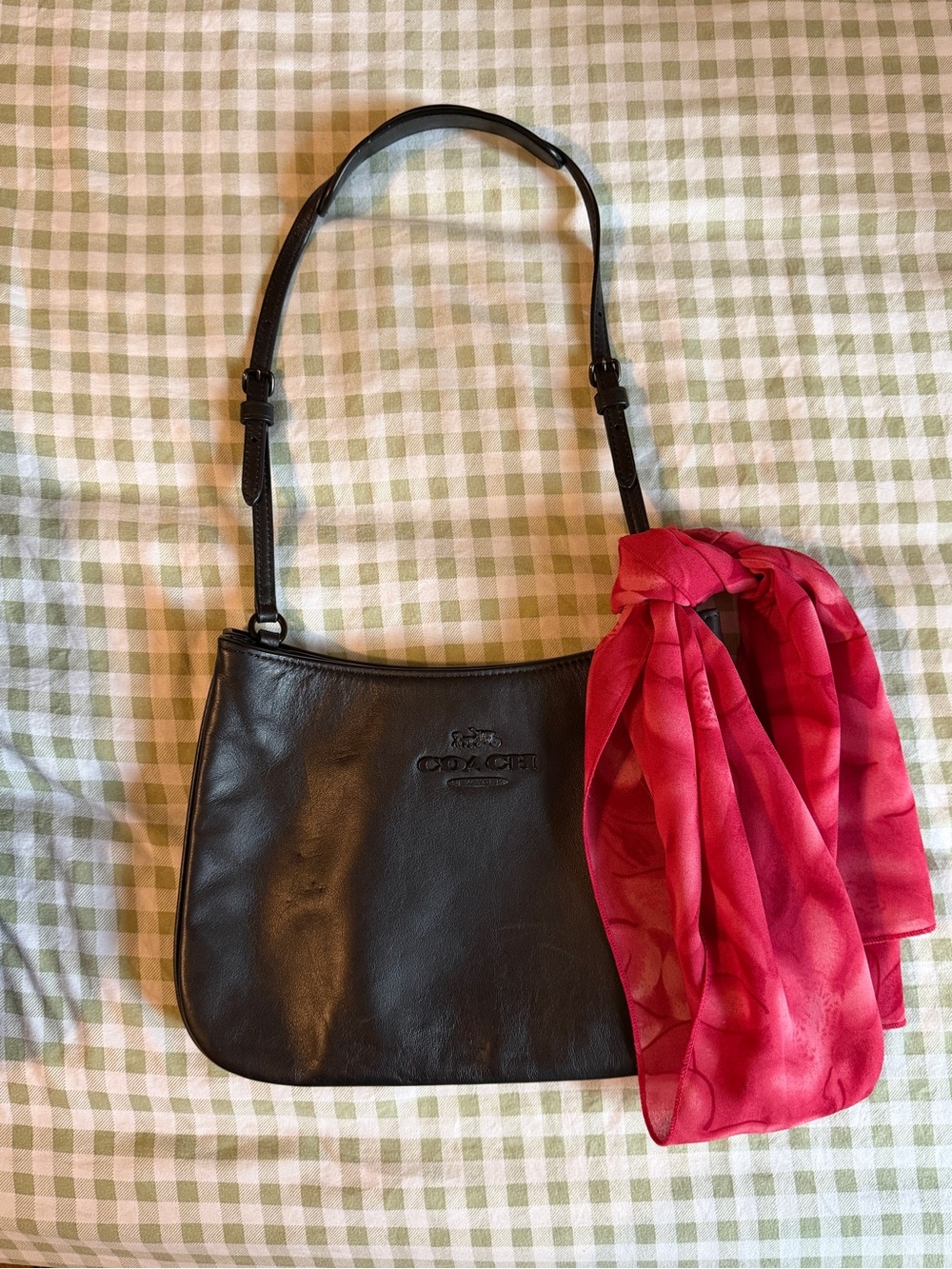 Coach Black Leather Shoulder Bag with Pink Scarf Accent